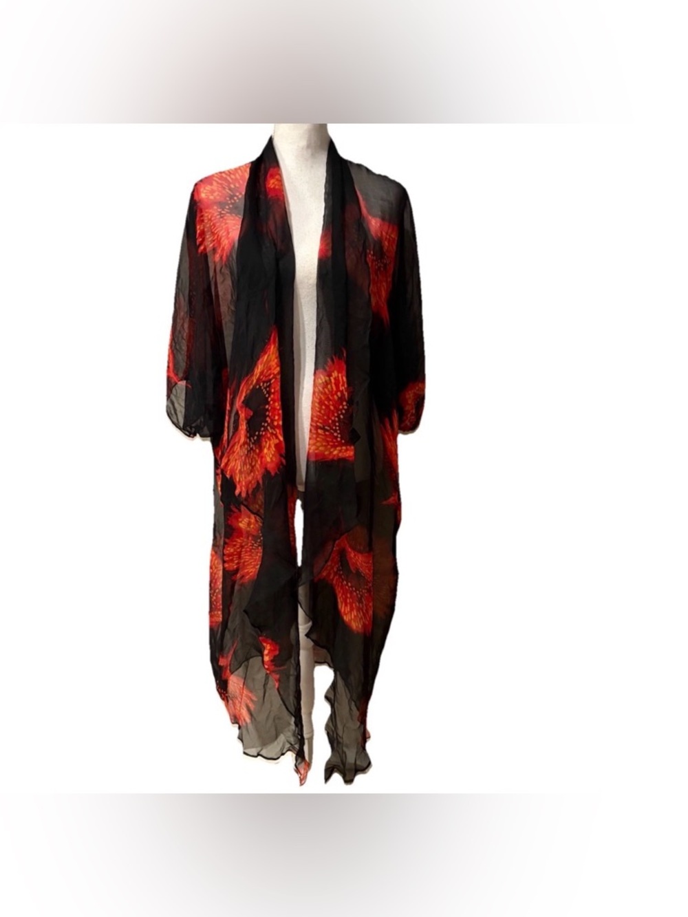 Peter Lai Open Duster Silk Artsy Multicolor Black Red Size M Made In USA Flawed